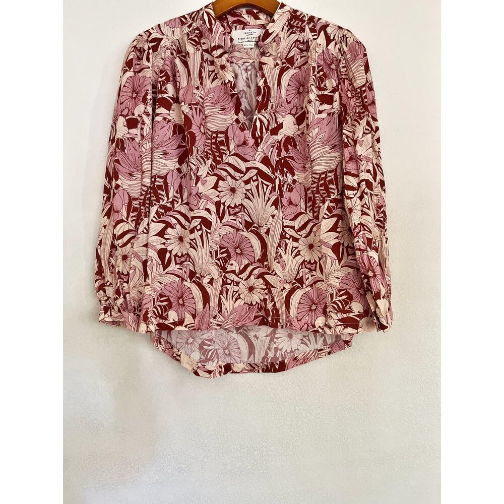 Birds Of Paradis Blouse Womens XS Red V Neck Long Sleeve Tropical Floral Top